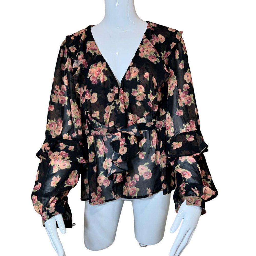 TOPSHOP Womens Floral Black Ruffle Chiffon V-Neck Blouse US Size 8